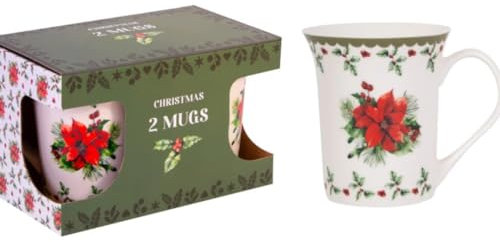 RSW Coffee Mug Set Fine China Christmas Holly 340ml Cups Hot Choco Beverages 2pcs