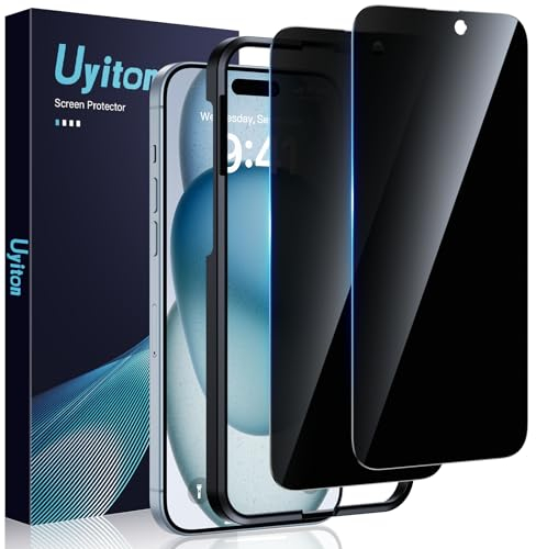Uyiton Privacy Screen Protector for iPhone 15 6.1-Inch, 9H Tempered Glass Anti-Spy Film with Easy Installation Tool, Anti-Scratch, Bubble Free, Case Friendly, 2 Pack