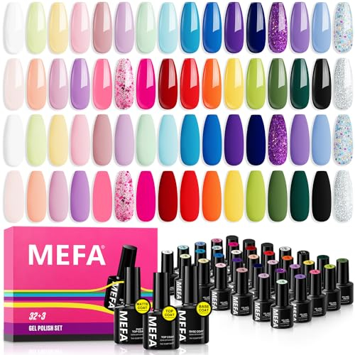 MEFA UV Nagellack Set, 35 Stück UV Gel Nagellack mit Base und Top Coat Matte, 32 Farben Pastell Rosa Blau Lila Sommer Makronen Gellack Set für Nail Art Nageldesign