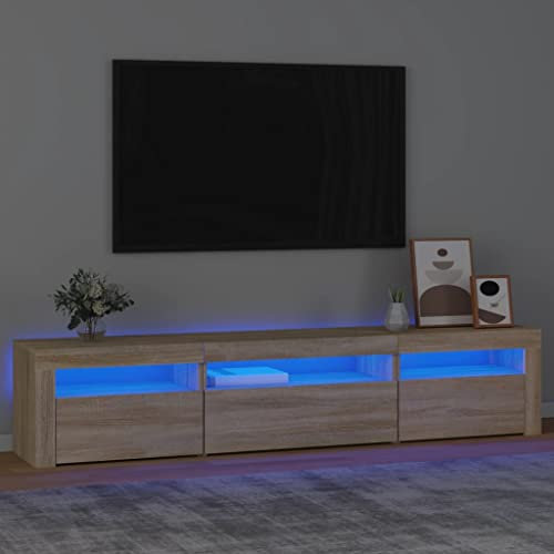 TJROO Meuble TV avec lumières LED chêne Sonoma 195 x 35 x 40 cm en bois multicouche, meuble TV meuble TV vitrine meubles salon bois meuble salon avec portes console TV