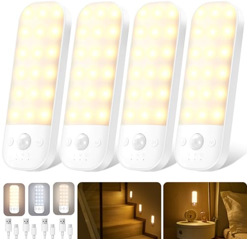 Nachtlicht mit Bewegungsmelder, [4 Stück] USB Wiederaufladbar LED Nachtlicht, mit 3 Modi, 3 Farbtemperaturen, Stufenlos Dimmbar, Abnehmbarem Schranklicht für Kinderzimmer, Flur, Treppe, Schlafzimmer