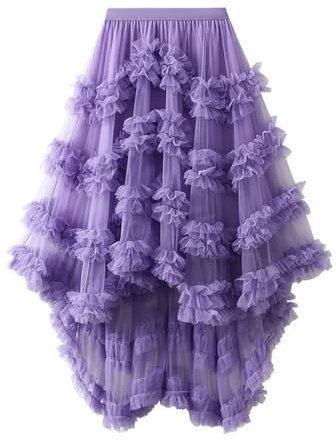 Gonna Corta Elegante Gonna in Tulle a Strati da Donna Gonna a Vita Alta da Donna dall'estetica Dolce con Orlo Irregolare-Viola-Taglia Unica