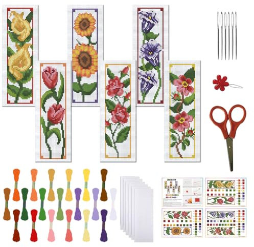 FREEBLOSS 6 Set Lesezeichen Kreuzstich Sets, Stich Lesezeichen Kreuzstich Sets Mit Anleitung, 6 Blumenmuster Stanznadel Set Für Anfänger, Lesezeichen Herstellungsset als Geschenk