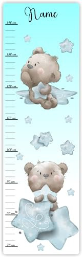 Farbklecks-Collection Kinder Messlatte Mondbär 70-140 cm personalisierbar mit Namen, Messleiste, Kinderzimmer, Holzmesslatte (Bunter Hintergrund)