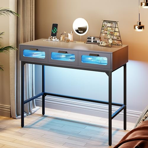 FREDEES Schminktische mit Beleuchtung ohne Spiegel, Klein Schminktisch mit Ladestation, Holz Schminktisch mit 3 Schubladen, Grau