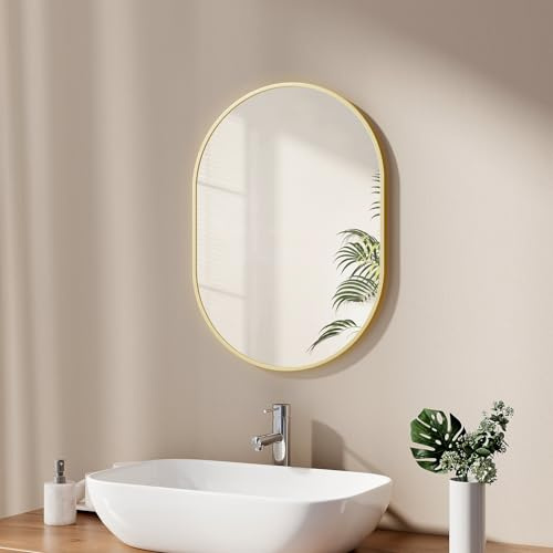 EMKE Badspiegel Oval 45 x 60 cm Spiegel mit Goldener Rahmen Wandspiegel Oval Horizontal/Vertikal Badezimmerspiegel Ovaler Spiegel Gold Dekorativer HD Wandspiegel für Badezimmer, Flur