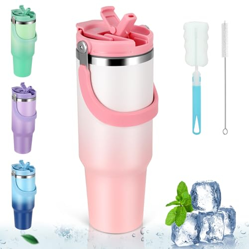 40oz Tumbler with Straw and Lid, Vacuum Insulated Coffee Travel Mug Spill Proof, Stainless Steel Thermos Flask for Hot Drink, Coffee Tumbler for Keep Hot/Ice Coffee, Drinks, Tea and Beer (Pink)