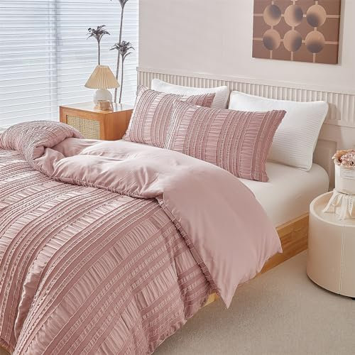 YASMENG Parure de lit en seersucker 3 pièces en seersucker à rayures, touffetée, en microfibre douce et respirante, avec housse de couette 200 x 220 cm et 2 taies d'oreiller de 80 x 80 cm, vieux rose