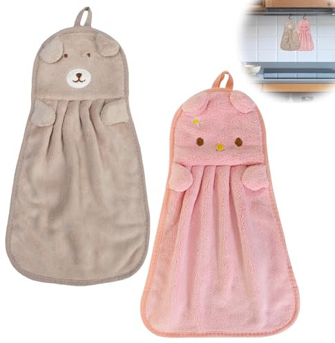 toallas de mano para el baño 2piezas, toallas para manos de microfibra suave toallas para manos de animales lindos toallas para manos de cocina para baños con anillos colgantes (Rosa, caqui)