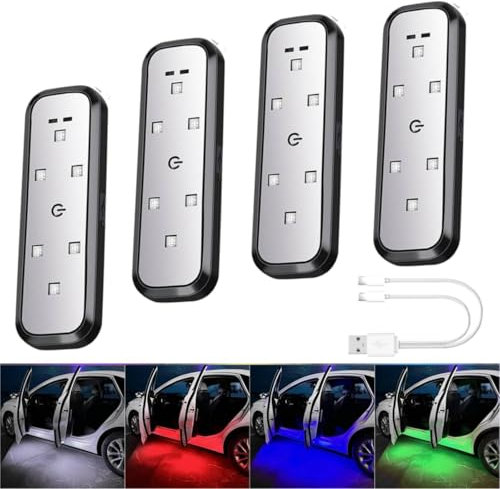 Car LED Door Lights Projector 7 Color Wireless Door Warning Lights USB Welcome Door Sill Courtesy Projection Magnetic Auto Sensing Ambient Lighting Puddle Lights (4Pcs)
