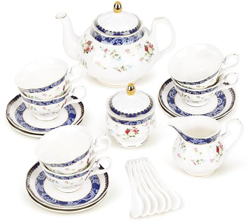 fanquare 21 Pieces Blue Rose British Afternoon Tea Set, Modern Porcelain Tea Pot Set, Vintage Bone China Coffee Cup and Saucer Set, Adults Tea Service for 6