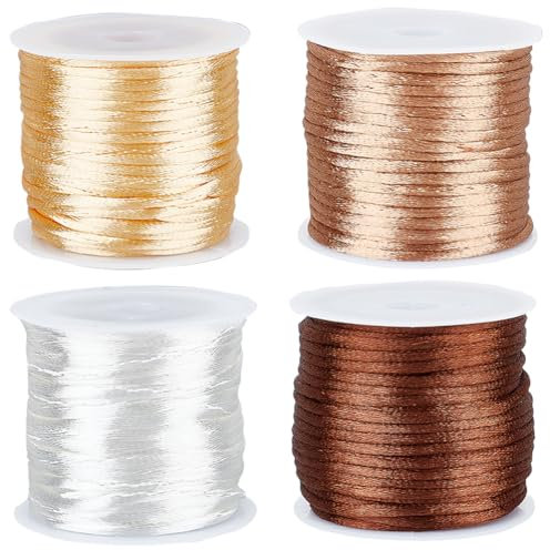 SUNNYCLUE 4 Rolls Chinese Knotting Cord Satin Nylon Beading Thread 2 mm Brown White Camel Multicolor Thin Silk Rattail Macrame String for Bracelets Necklace Bead Jewellery Making DIY Craft Accessories