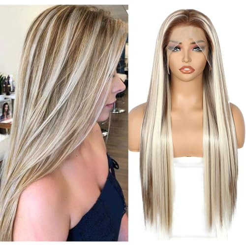 Sapphirewigs 13x6 Lange gerade Perücke Blond 13x6 Lace Front Perücke Damen Highlights Gerade synthetische Haare 150% Dichte Party täglich tragen Weihnachten 26 Zoll