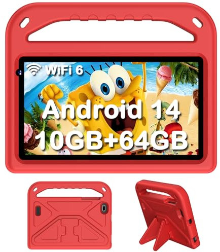 DMOAO Tablet Bambini 7 Pollici, Tablet Android 14 con 5G Wi-Fi 6, 10GB RAM+64GB ROM(TF 1TB), Controllo Parentale, Widevine L1, Octa-Core, 3500mAh, BT 5.0, per Bambini con EVA Caso, Rosso
