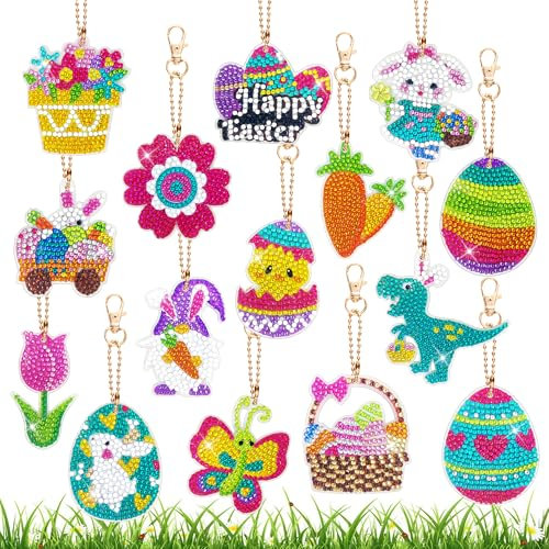 LYLIDIA 15 Stück Diamond Painting Ostern Kinder Diamond Painting Ostern Doppelseitige Schlüsselanhänger Anhänger Diamand Painting Hase Ei Deko Klein Frühling Blumen Diamond Bastelset Ostern Geschenk