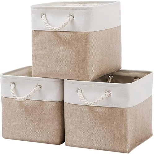TempFoo Fabric Cube Storage Boxes, 28cm Collapsible Baskets 3pc Beige White | for Room Wardrobe Cupboard Shelves Organiser Unit Box, for Storage Gift Towel Clothes, Small Toy Organizer Decorative Basket