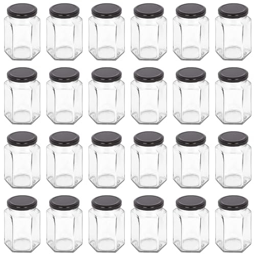 Argon Tableware 250ml Hexagonal Pots de Confiture en Verre avec Couvercles Noirs - 24x Vide Couvercle à Pas de Vis Cuisine Nourriture Miel Pimenter Chutney Conservation Mise en Conserve Stockage Pot
