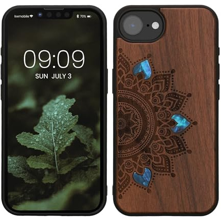 kwmobile Hülle kompatibel mit Apple iPhone 16e Hülle - Holz Case - Handy Cover - TPU Handyhülle in Dunkelbraun Aufgehende Sonne Perlmutt