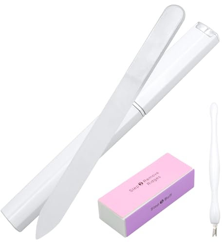 VEGCOO Kit de 3 Lime à Ongles en Verre avec Étui -1 Limes a Ongles Grain 180, 1 Polissoir à Ongles, 1 Repousse-cuticules, Lime a Ongles pour Ongles en Acrylique et Ongles Naturels (Blanc)