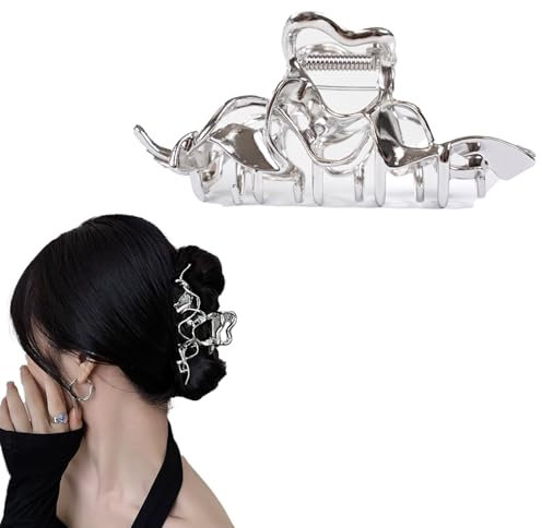 MinoCino Pince à cheveux, grande pince à cheveux en métal argenté pour femme, pince cheveux argenté design irrégulier en métal liquide, accessoire durable pour cheveux épais, idéal au quotidien