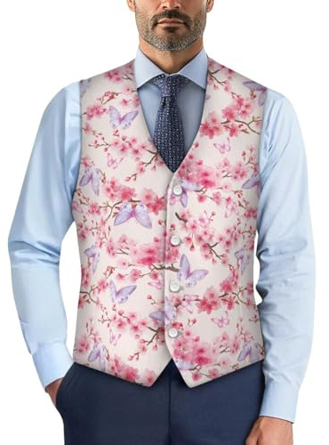 YUDINGFIN Gilet da uomo con fiore rosa, in tessuto intrecciato, con fiore rosa e farfalla, scollo a V, vestibilità aderente, per amici, padri, marito, per riunioni, appuntamenti, feste