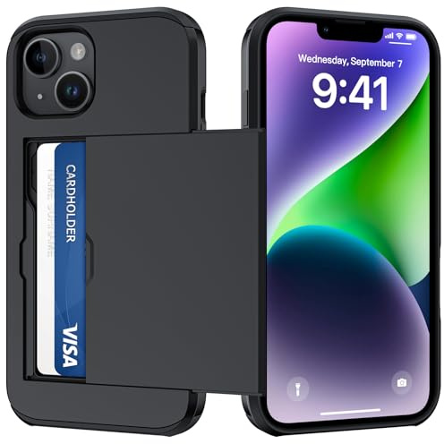 nicekool Coque pour iPhone 14 avec Porte Carte, Silicone TPU Étui de téléphone, Antichoc Housse de Protection Bumper Cover Anti-Rayures Case Coque Portefeuille Fente Cachée Coulissante, Noir