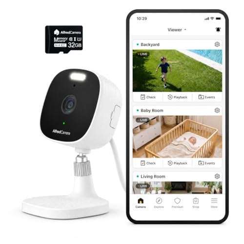 AlfredCam Plus 2 Telecamera di Sicurezza Esterna 2.5K con Faretto LED, Visione Notturna a Colori, Audio Bidirezionale, Resistente alle Intemperie IP65, Registrazione 24/7 con Scheda di Memoria da 64GB