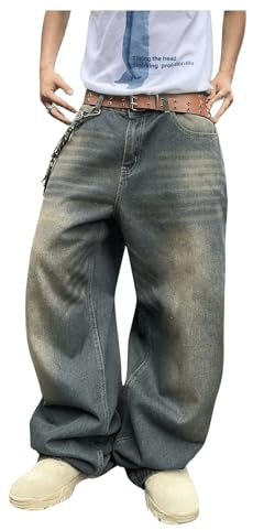 GORGLITTER Baggy Jeans for Men UK Mid Rise Wide Leg Vintage Streetwear Hip Pop Denim Pants with Pocket Blue XX-Large