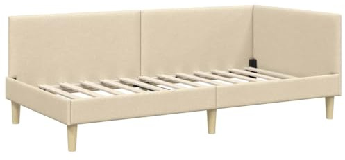 vidaXL Corner Bed Frame Cream 90 x 200 cm Fabric and Engineered wood, Modern Bed Frame, Rectangular Design, Breathable Material, Adjustable Headboard, Space-Saving Bedroom Furniture, Stylish Setup