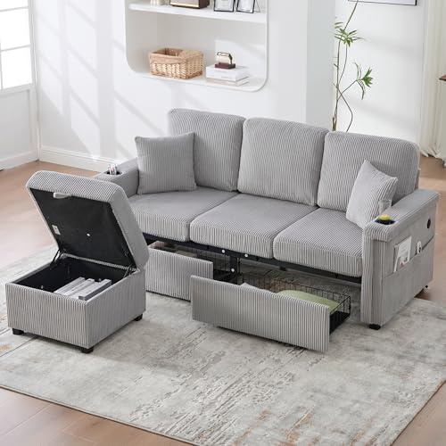 A ALFRESCOOL Sofa 3 Sitzer, Sofa L Form mit Schlaffunktion, LED-Beleuchtung & USB-C-Port, Inklusive Stauraum-Fußteil Seitentaschen für Wohnzimmer, Schlafzimmer, 194 * 73 * 81cm (Hellgrau)