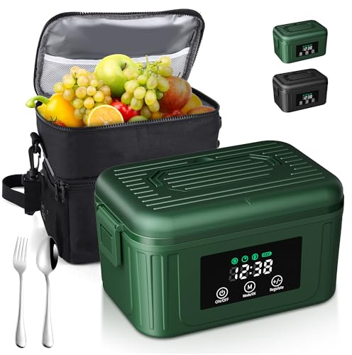 Aurevit Cordless Electric Lunch Box for Adults, 1.4L Heated Lunch Box for Men with Smart Meal Scheduling & Auto Keep Warm, Portable Food Warmer for Car with Insulated Bag, Ice Pack (Brewster Green)