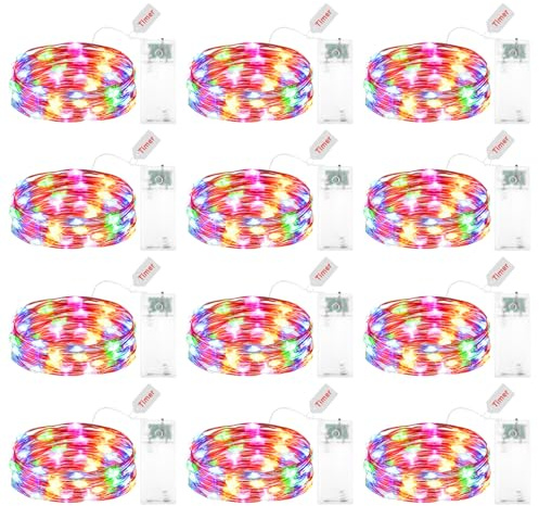Kaleora 12 Stück LED Lichterkette Batterie mit Timer, 2M 20 LED Kupferdraht Lichterketten Innen Batteriebetrieben, Bunt Lichterkette mit Timer für Weihnachten Halloween Hochzeit Party Deko