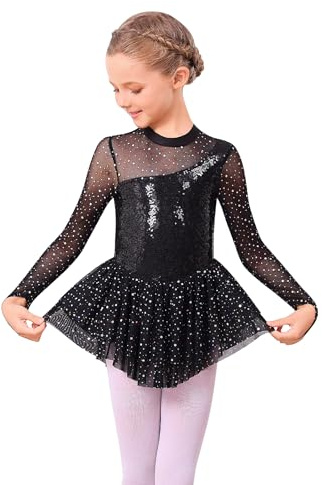 FYMNSI Roller Figure Ice Skating Dress for Girls Lyrical Dance Outfits Sparkly Rhinestone Long Sleeve Mesh Tulle Skirted Leotard Gymnastics Ballet Dancewear Stage Performance Black 7-8 Years