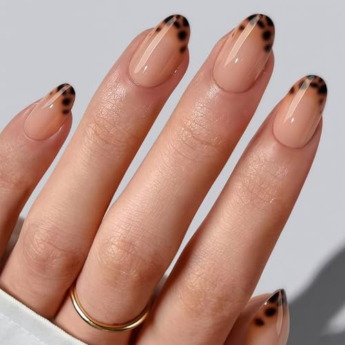 Cosblisvia 24 pièces ongles prêts à poser, Naild Press on Sets, ongles courts ovales, manucure léopard française, faux ongles pour femmes, salon, DIY (Marron)