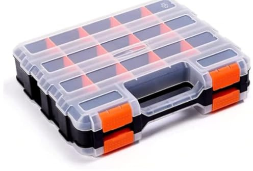 Organizador Herramientas 34 Compartimentos Doble Cara para Taller Garaje | Divisores ajustables, tapa transparente hebilla, plástico grueso resistente impactos, ideal tornillos tuercas clavos brocas
