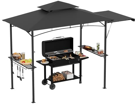 Aufun Grillpavillon mit Seitenmarkise, Pavillon mit Doppeldach, 2 Seitenregalen & Haken, Gartenpavillon BBQ, Grillüberdachungen wasserfester Dachplane für Außengrill (Grau, 245x141x253cm)