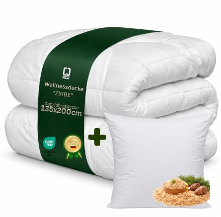 Zirbenholz Betten-Set, Set D Daune, 1 Kissen 80x80 cm + 1 Decke 135x200 cm | Federn & Daunen, Baumwollbezug, Waschbar bei 40°C, Made in Germany