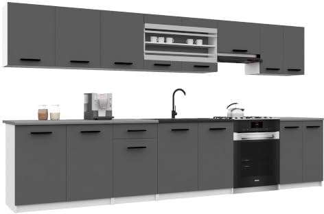 Belini Italia 3 Küchenzeile Küchenblock 320cm Grau | Küchenset als gerade Küchenzeile, weiße Korpusse, DECOR ECONATURA Material, kratzfest, ohne Elektrogeräte, mit Arbeitsplatte