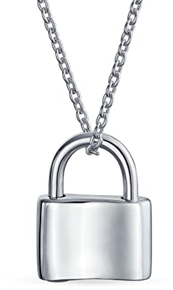 Personalized Initial Alphabet A-Z Monogram Plain Simple Couples Sentimental Functional Lock Pendant Charm Lovers Padlock Necklace For Women Teens Solid .925 Sterling Silver Chain 16 Inch