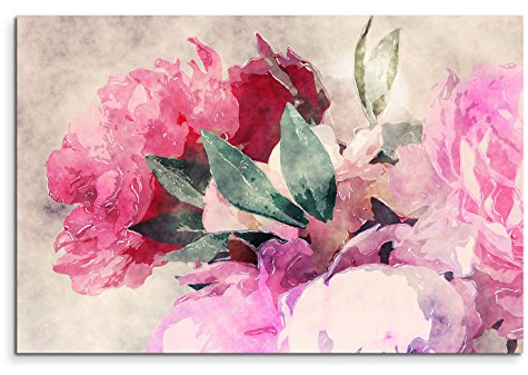Leinwandbild 120x80cm Bild – Rosen und Pfingstrosen in Wasserfarben Optik