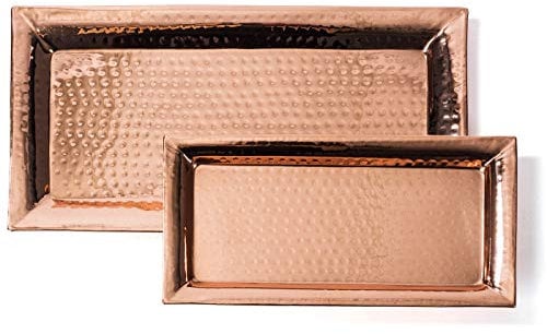 Colleta Home Hammered Copper Tray – Set of 2, Serving Platter 16x8 Inch, Rectangular Dish 12x6 Inch, Pure Copper Serving Tray, Stackable - Nesting Trays (2 Pack)