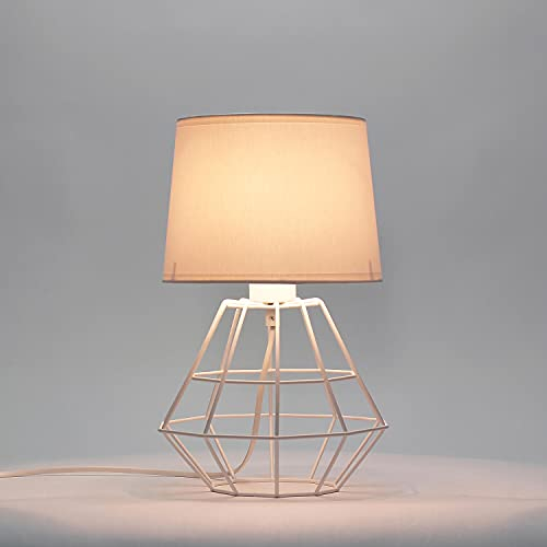 Licht-Erlebnisse Tischleuchte Metall Weiß Stoffschirm E27 Geometriedesign, Tischlampe Schlafzimmer Wohnbereich Büro, 34 cm, Modern Minimalistisch Drahtgestell