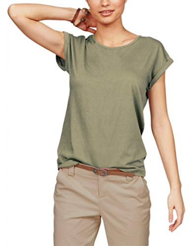 TrendiMax - Maglietta da donna in tinta unita con scollo rotondo, a maniche corte, estiva, top basic, Oliva, L