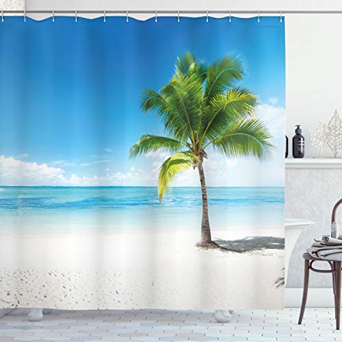 ABAKUHAUS Landschaft Duschvorhang, Seeozean Palmen, Stoffliches Gewebe Badezimmerdekorationsset mit Haken, 175 x 200 cm, Sky Blue Grün und Weiß
