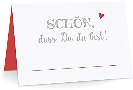 KuschelICH Premium Tischkarten Schön, DASS Du da bist! mit Herz Platzkarten zum selbst Beschriften (Rot, 25)