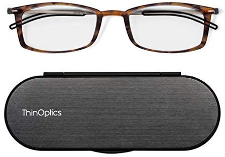 ThinOptics Brooklyn Lesebrille, rechteckig, 2.00, Schildpatt-Rahmen, mit magnetischer Milano-Hülle, für kompakte und leichte Leser bis 2,00 Stärke