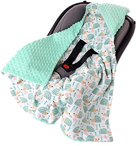 Medi Partners Einschlagdecke Baby Babyschale 100% Baumwolle für Sommer 85x85cm Kinderwagen Kuscheldecke universal Baby Decke Einschlagdecken Babydecke Buggy Autositz (Minze Igel mit minzer Minky)