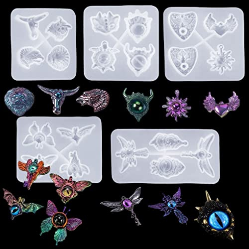 FineInno 5 Stück Epoxidharz Formen Halloween Silikonform Gießform Giessformen DIY Teufels Frühling Sommer Schmuck Engel Schmetterling Anhänger 