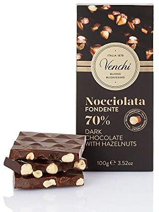 Venchi - Tablette Noir Noisettes 70 % au Cacao d'Amérique du Sud et aux Noisettes du Piémont, 100 g - Sans gluten