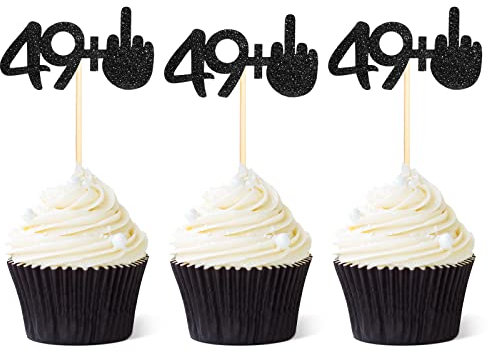 Kuchendekoration Happy 50th Birthday, 49 plus 1 Mittelfinger, schwarzer Glitzer, zum 50. Geburtstag, Party-Zubehör, 50. Geburtstag, Cupcake-Topper, Cheer to 50 Years Party